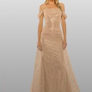 $798 MAC DUGGAL NUDE GOLD Off the Shoulder Sequin Panel Train Gown DRESS size 2